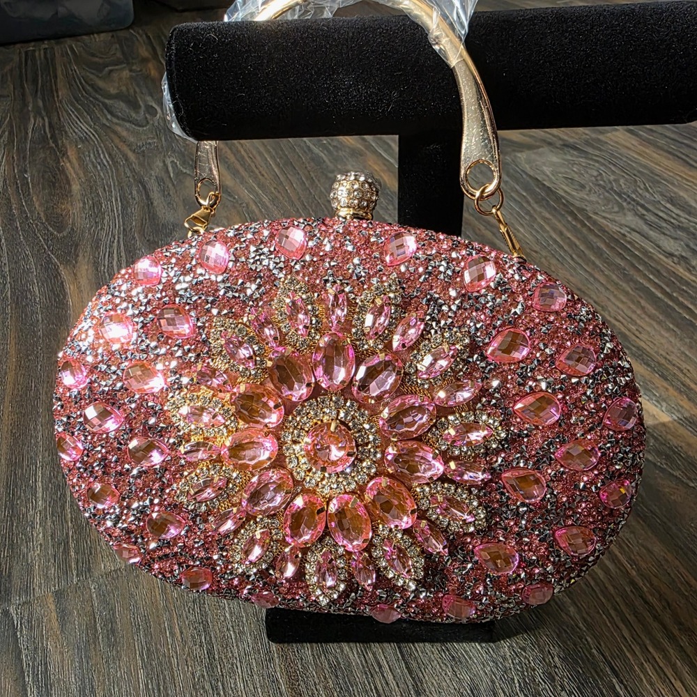 RAMLA Handmade Rhinestone Embellished Clutch Evening Bag Pink Gold Crystal